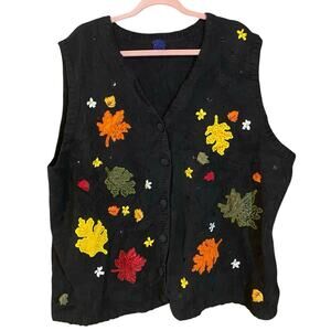 Vintage Basic Editions Fall Leaf Sweater Vest 3X Black Knit Autumn Theme grandma